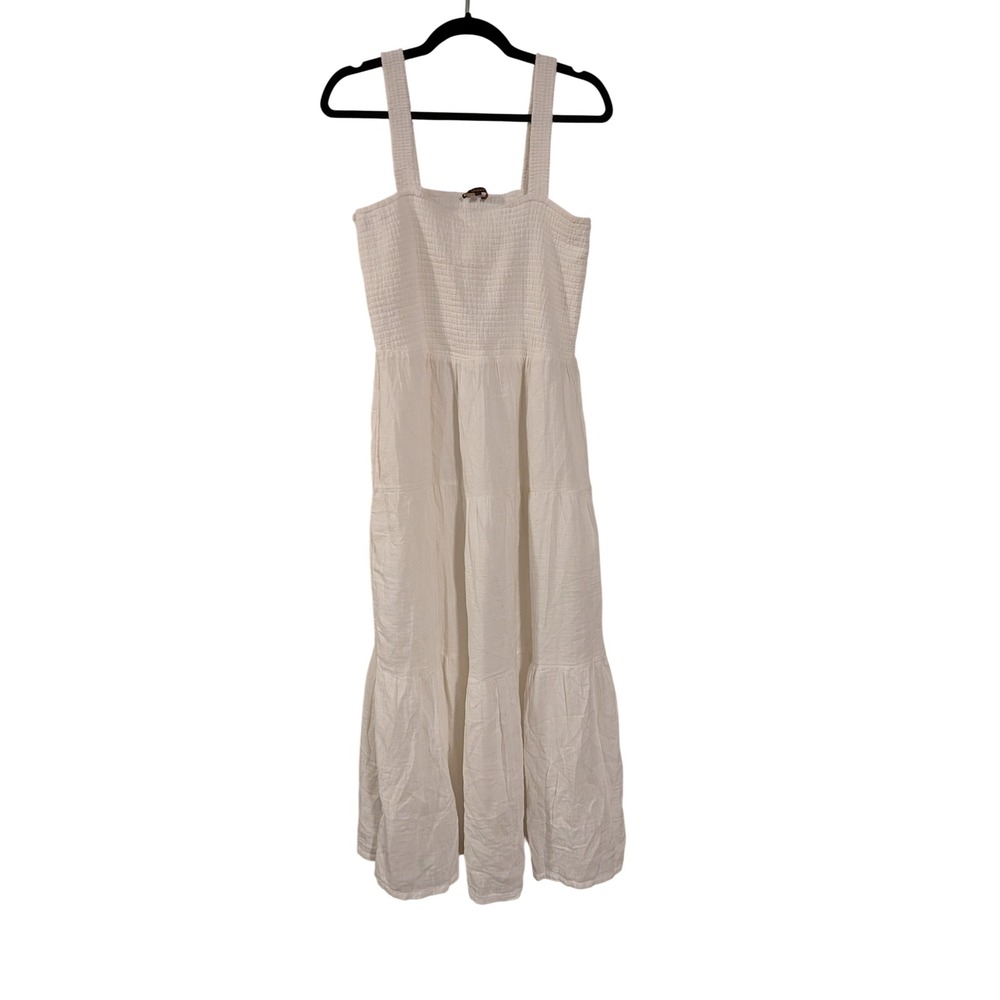 Quince Tiered Maxi Dress Womens Medium White Organic Cotton Smocked Pockets